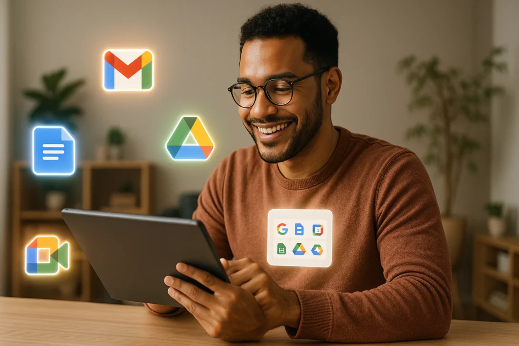 Emprendedor digital utilizando Google Workspace para optimizar su flujo de trabajo con Hazlo en Digital.
